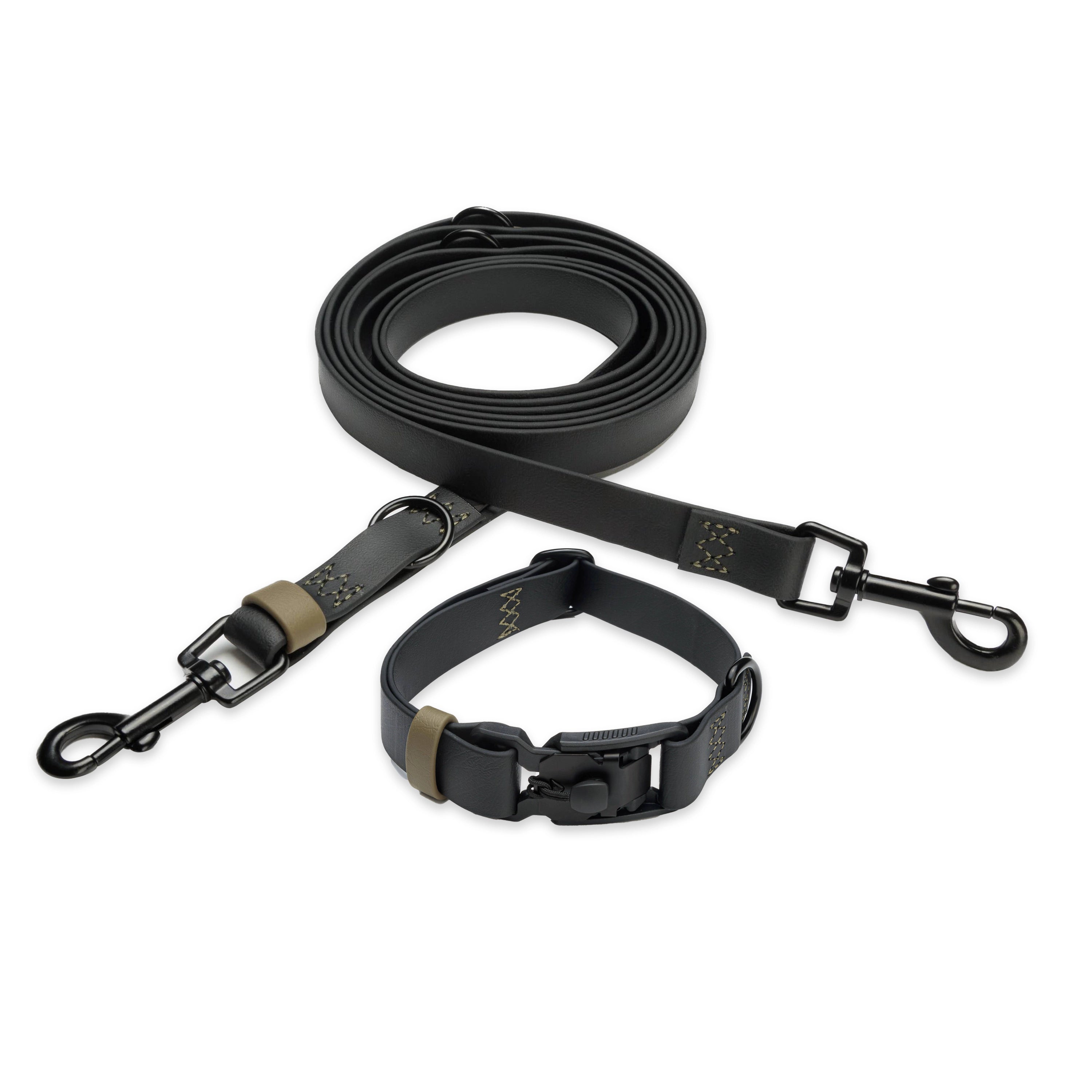 Bundle: Cloud7 Hundehalsband und Hundeleine BioThane Ipanema Schwarz-Olive