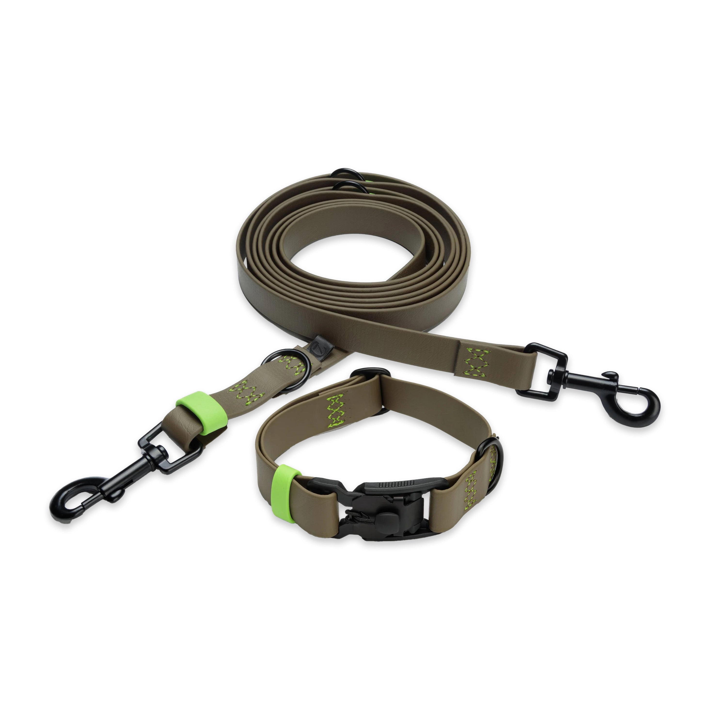 Bundle: Hundehalsband und Hundeleine BioThane Ipanema Olive-Neongrün
