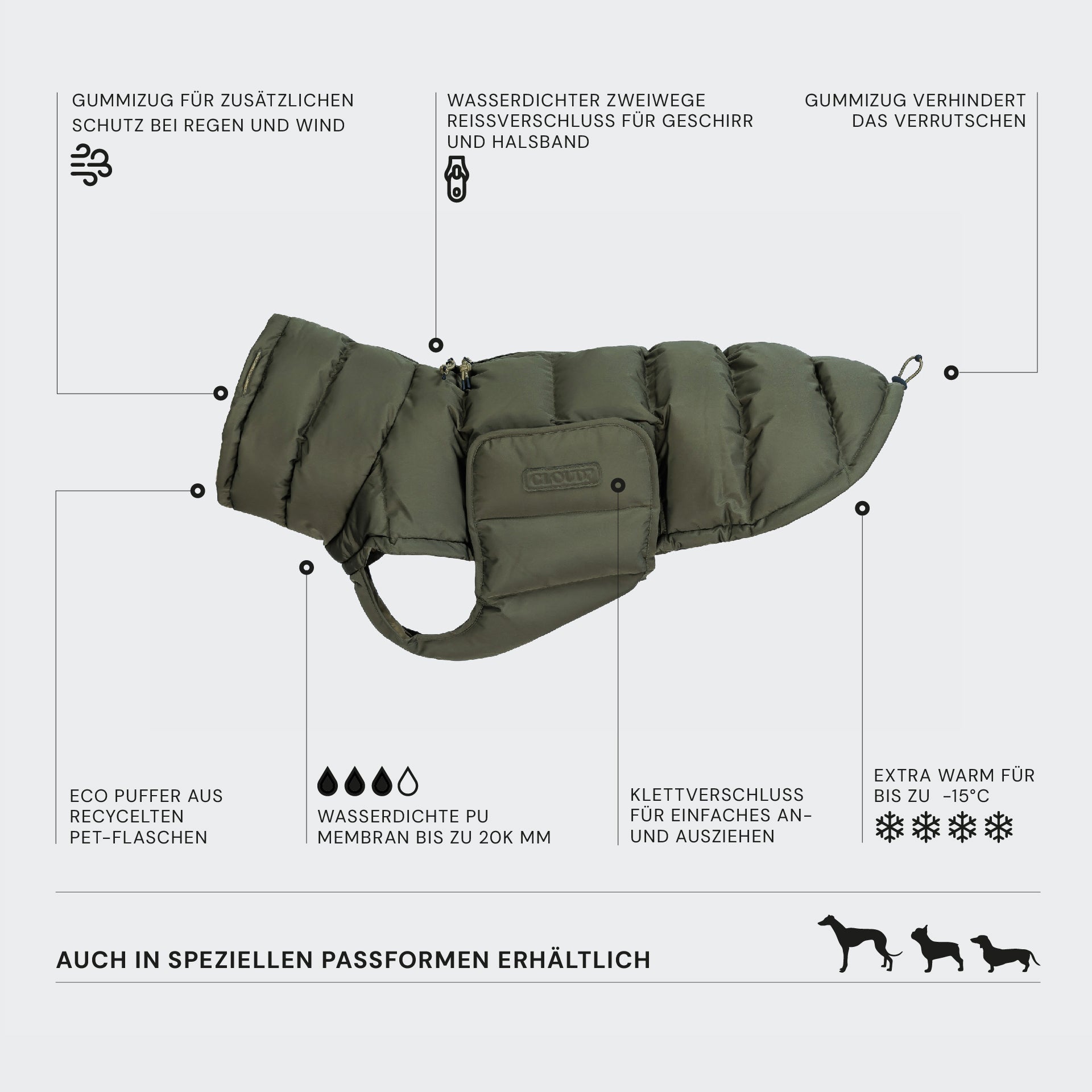 Cloud7 Hundemantel Alaska Light Olive Hundewintermantel Wintermantel für Hunde Winterjacke für Hunde