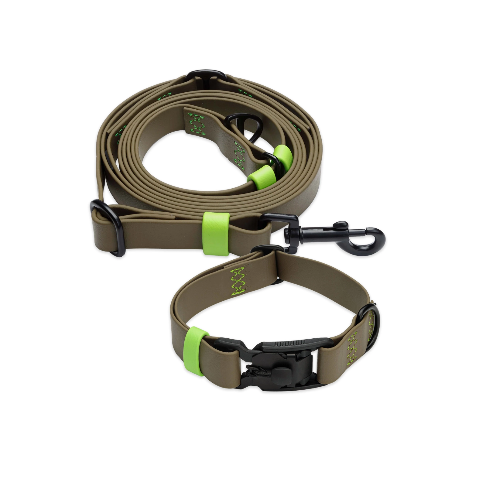 Set: Cloud7 Hundehalsband und Freihandleine BioThane Ipanema Olive-Neongrün