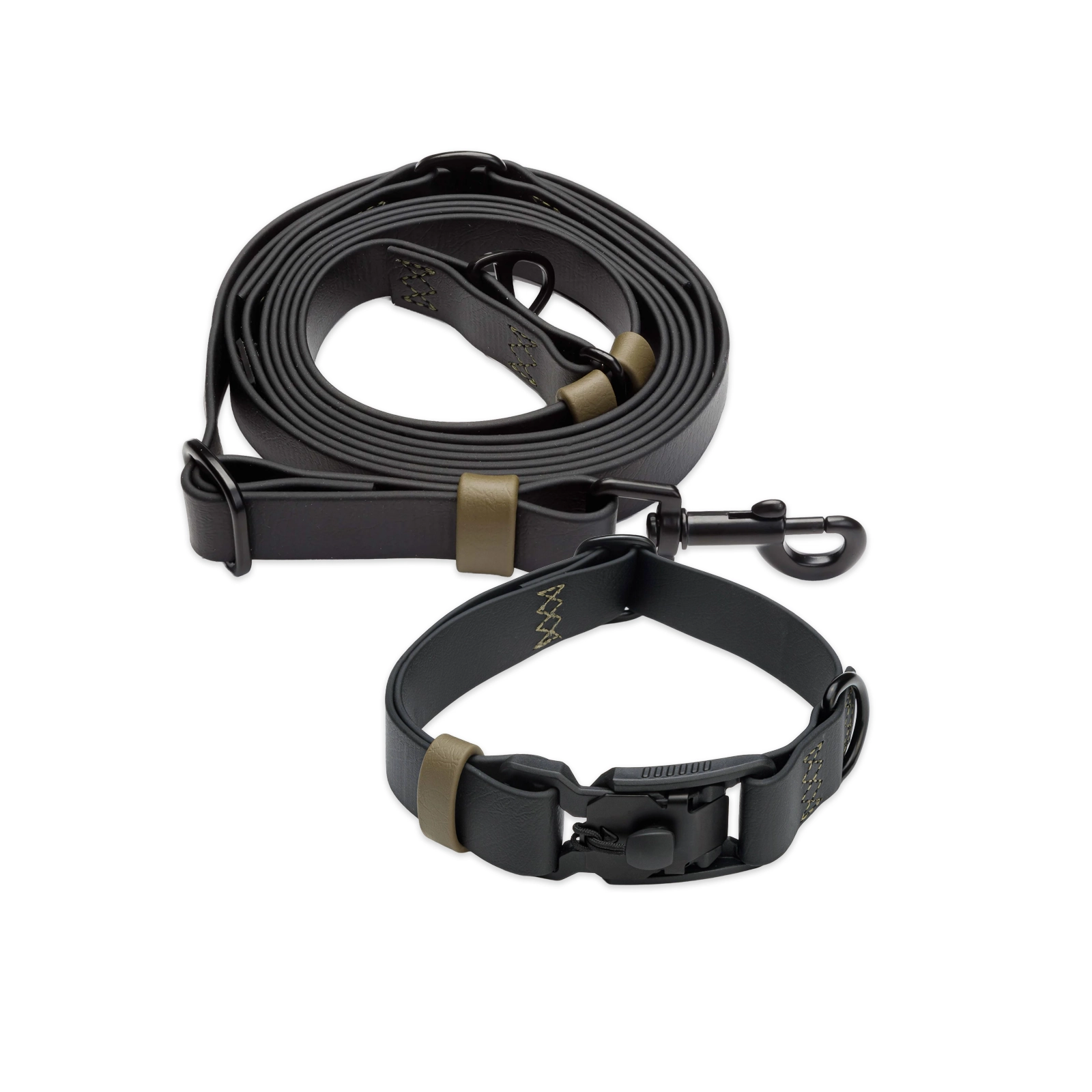 Set: Cloud7 Hundehalsband und Freihandleine BioThane Ipanema Schwarz-Olive