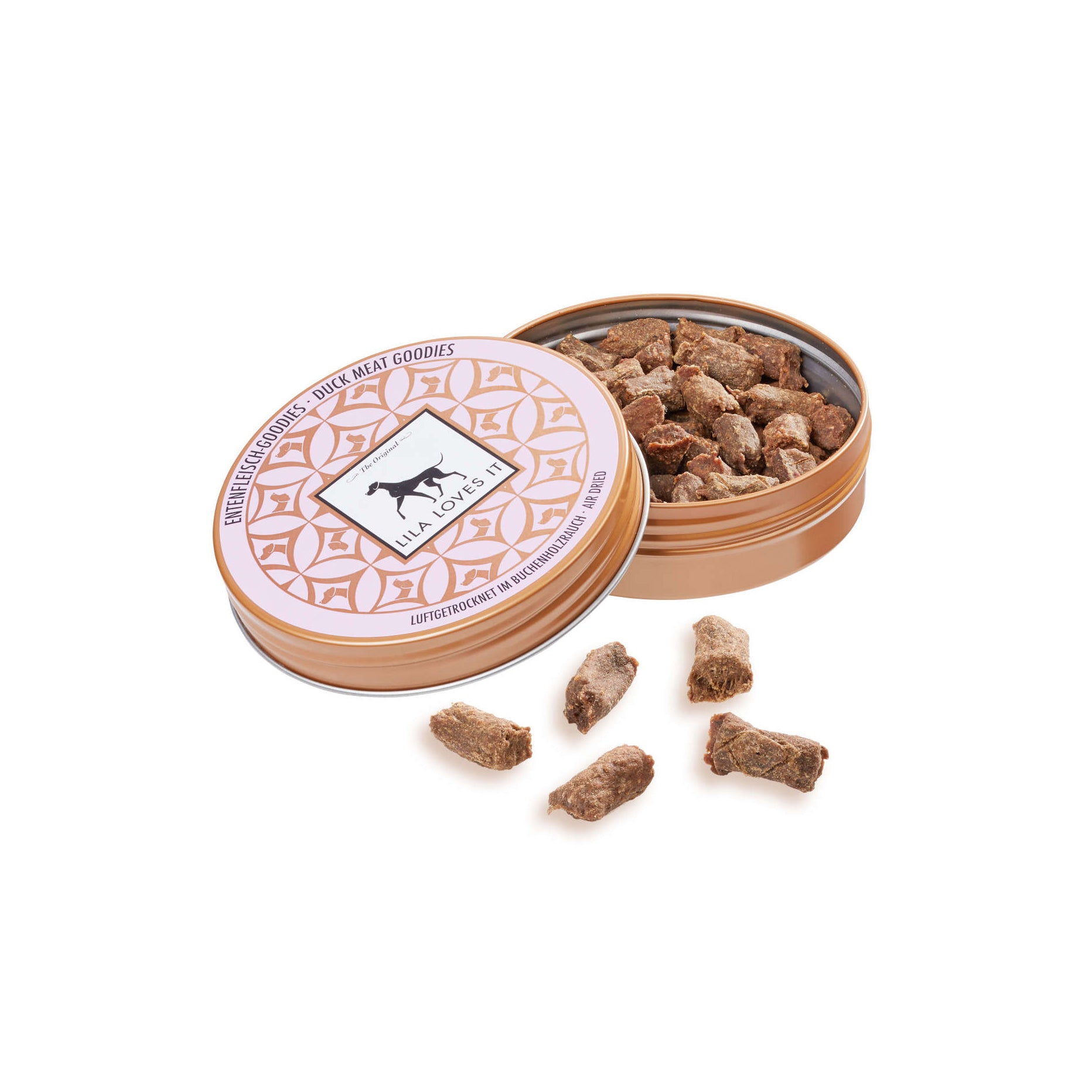 LILA LOVES IT Entenfleisch Goodies 50 Gramm Leckerlidose Offen