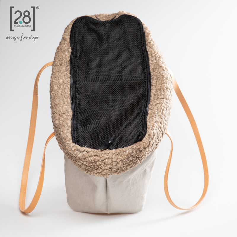 2.8 duepuntootto ANNIE paper dog bag grey boucle wool Designer-Hundereisetasche mit Netz