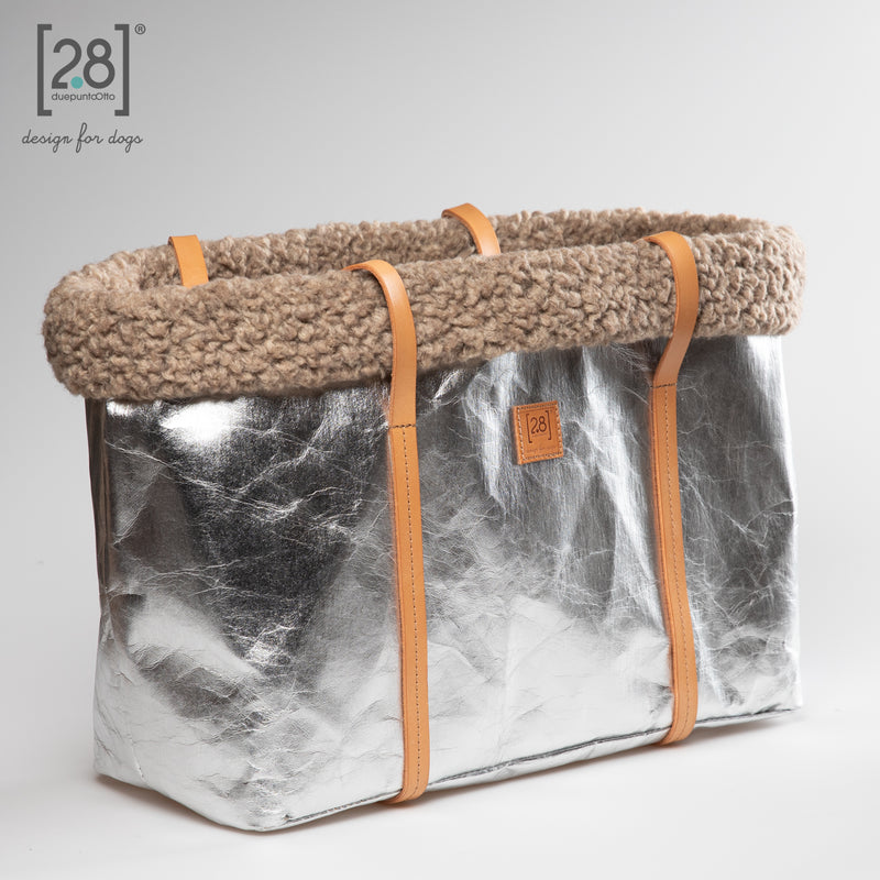 2.8 duepuntootto ANNIE wax paper dog bag silver boucle wool Designer Hundereisetasche