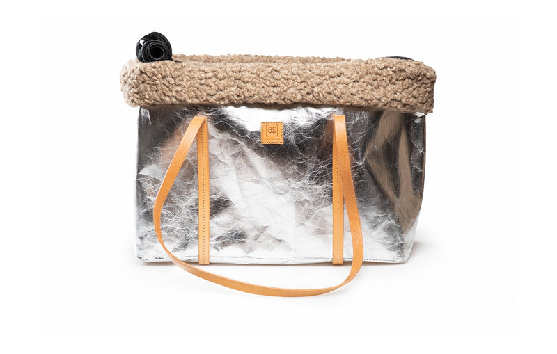     2.8 duepuntootto ANNIE wax paper dog bag silver boucle wool Hundereisetasche mit Netz