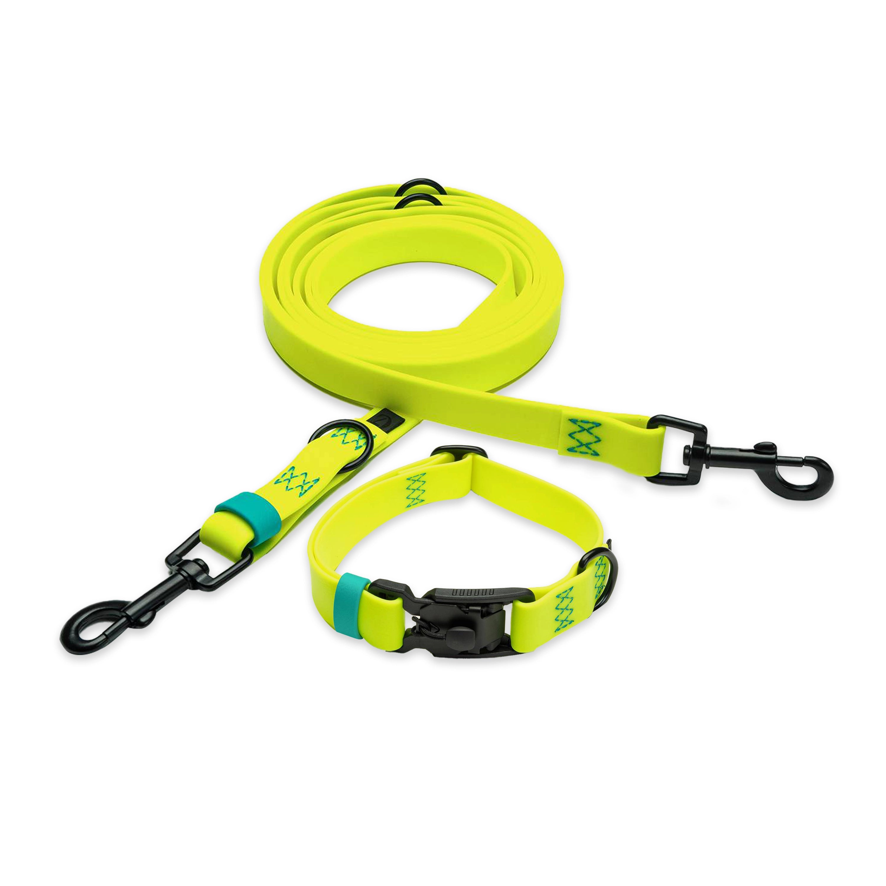 Bundle: Cloud7 Hundehalsband und Hundeleine BioThane Ipanema Neon Yellow-Aqua