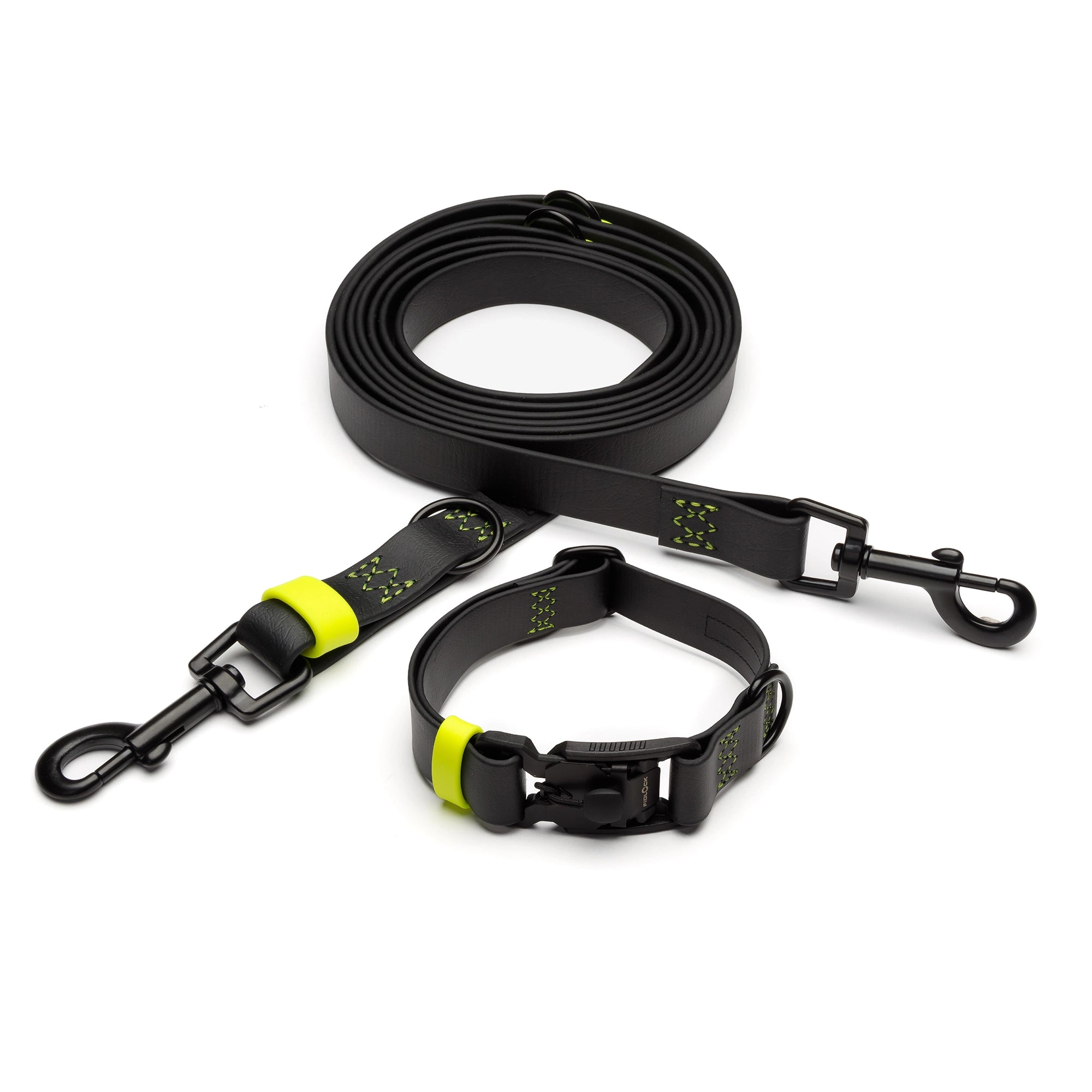 Set: Cloud 7 x LEVEYHundehalsband und Hundeleine BioThane Ipanema Black Neon-Yellow
