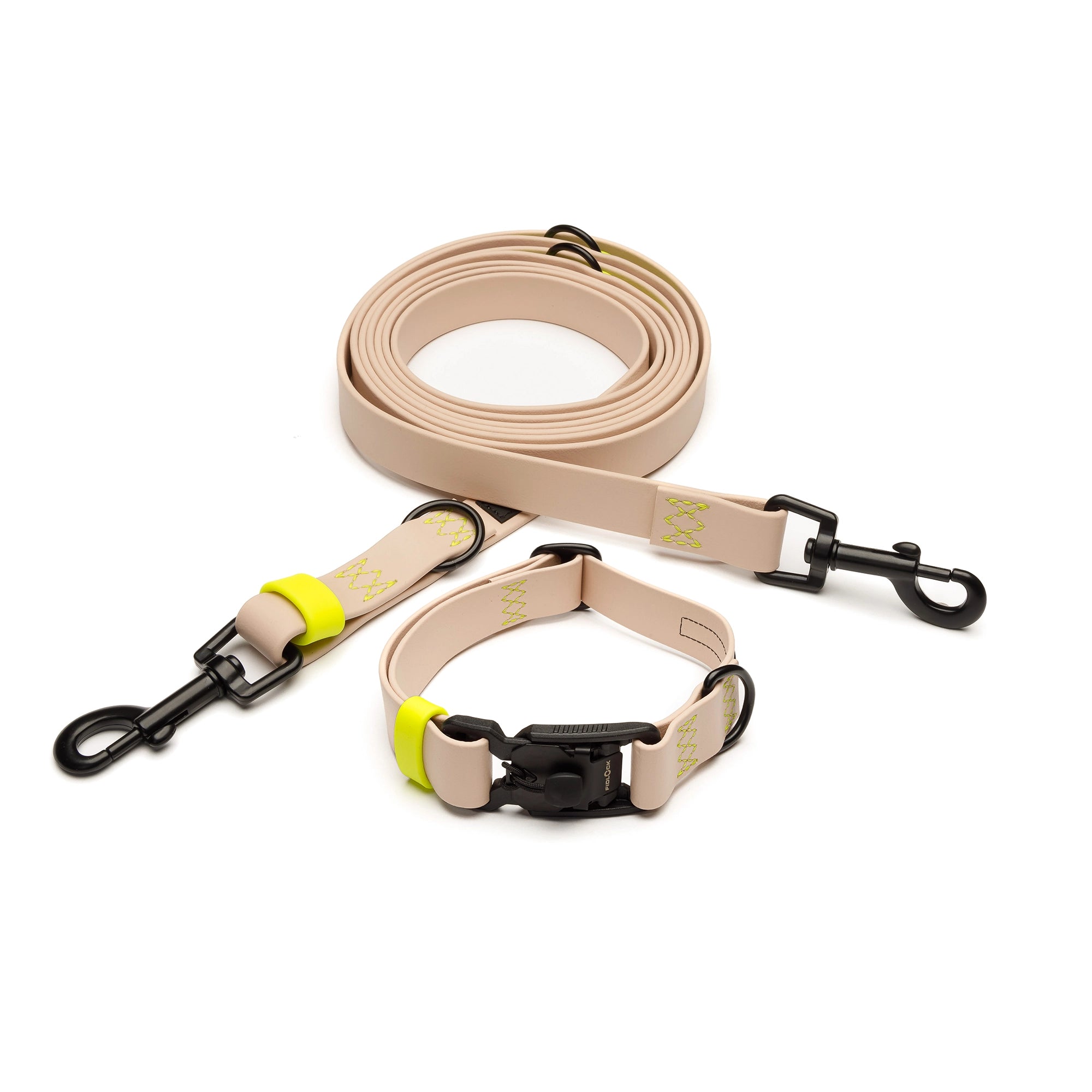 Set Cloud7 x LEVEY Hundehalsband und Hundeleine BioThane Ipanema Powder Neon-Yellow