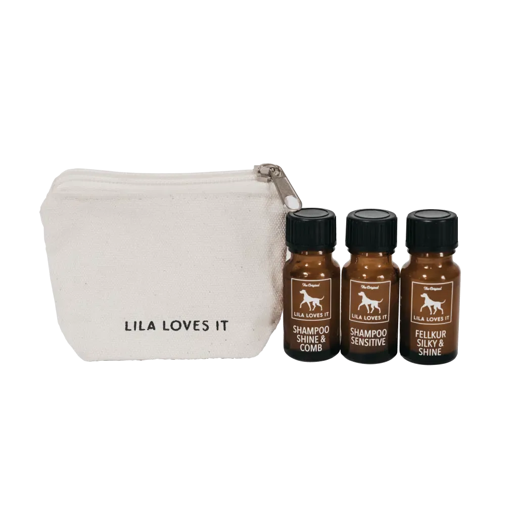 Lila Loves It Pröbchen-Set Shampoo Shine & Comb, Sensitive und Fellkur Fellpflege Hunde Shampoo