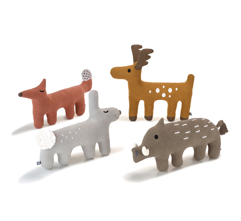 MiaCara Bosco Stofftier minimalistisches Hundespielzeug Fuchs Ziegel Reh Ocker Wildschwein Braun Hase Grau Designer Spielzeug